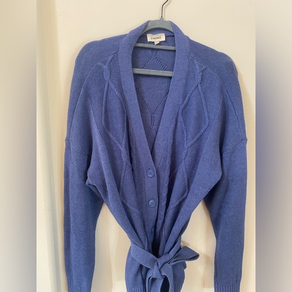 L’AGENCE MICA BELTED CABLE KNIT DUSTY BLUE COTTON CARDIGAN SWEATER SIZE XXL/TTG - Picture 8 of 11